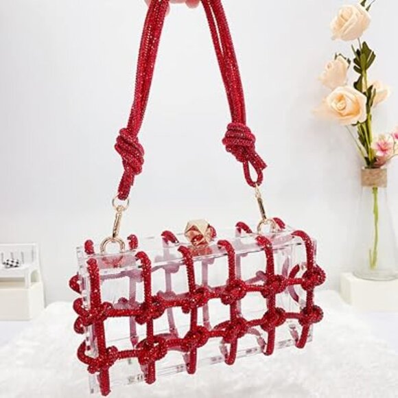 Neiman Marcus Lucine Lipstick Red Acrylic Rhinestone Clutch...